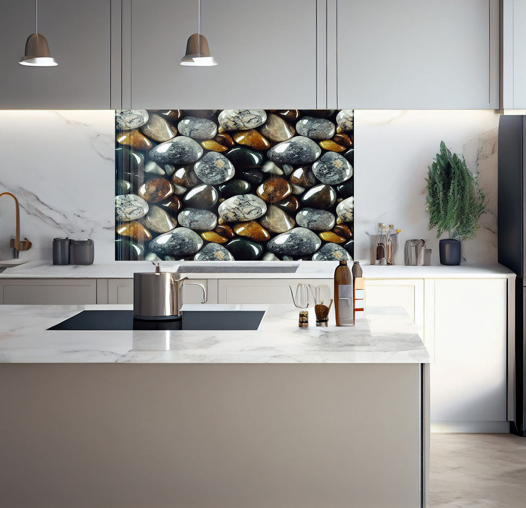 a kitchen with marble counter tops and a painting on the wall