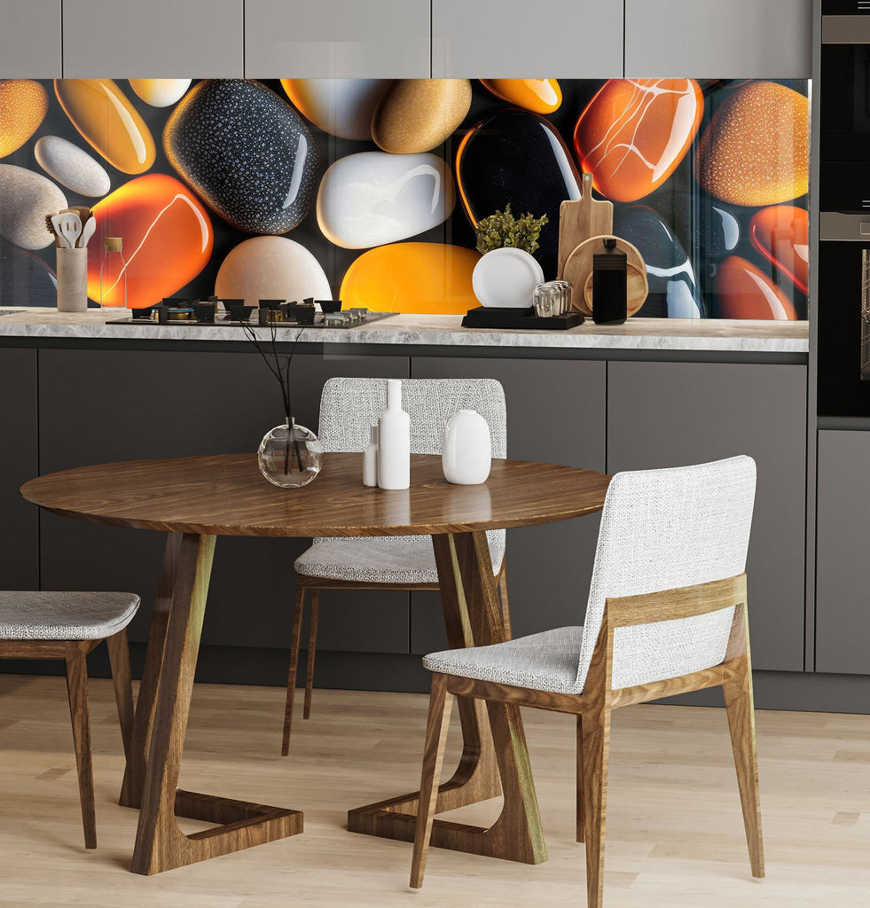 a kitchen with a wooden table and white chairs