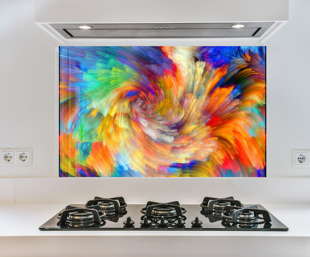 a picture of a colorful painting on a wall above a stove