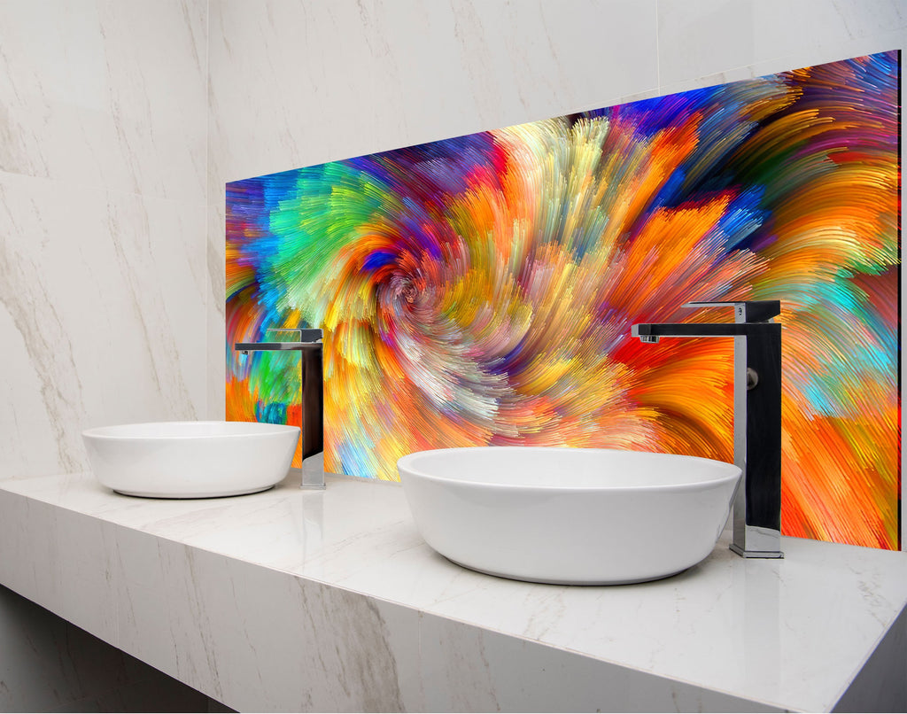 two white bowls on a counter with a colorful painting behind them