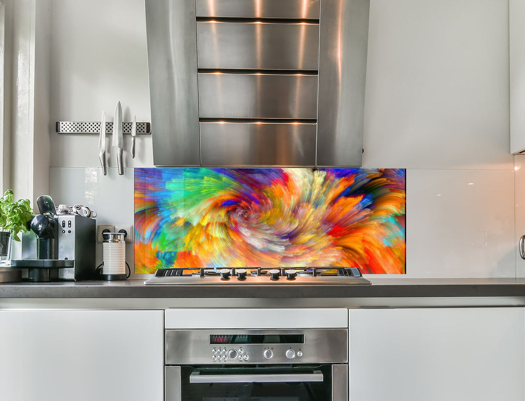 a kitchen with a large painting on the wall