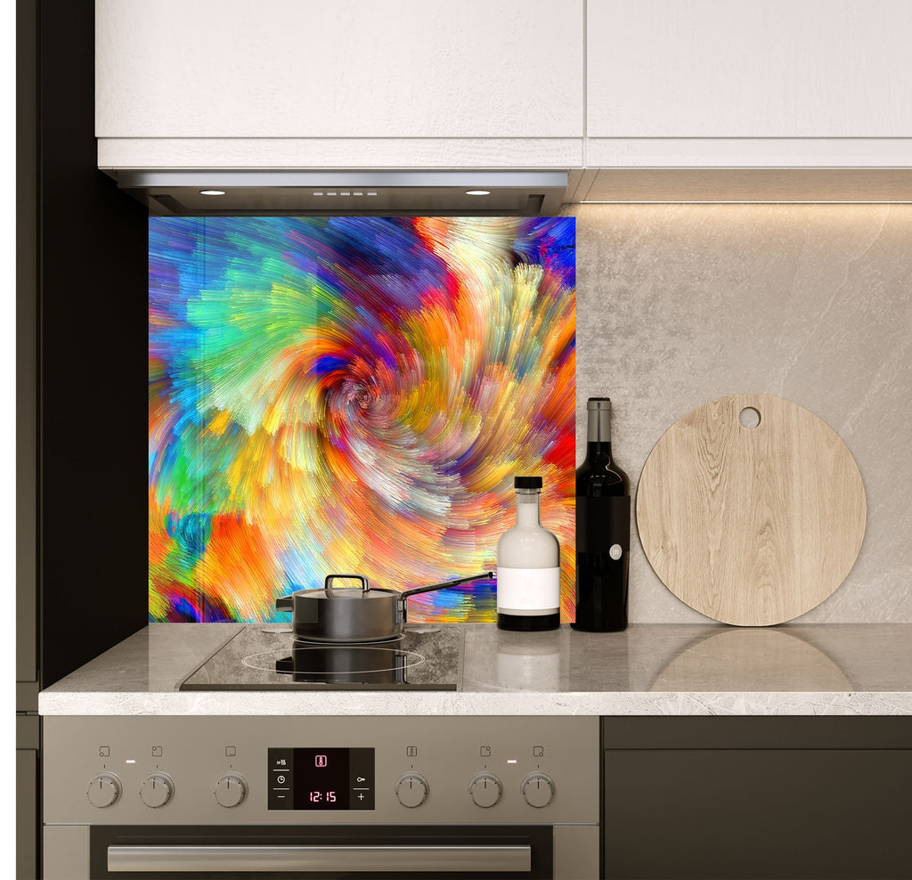 a kitchen with a painting on the wall next to a stove