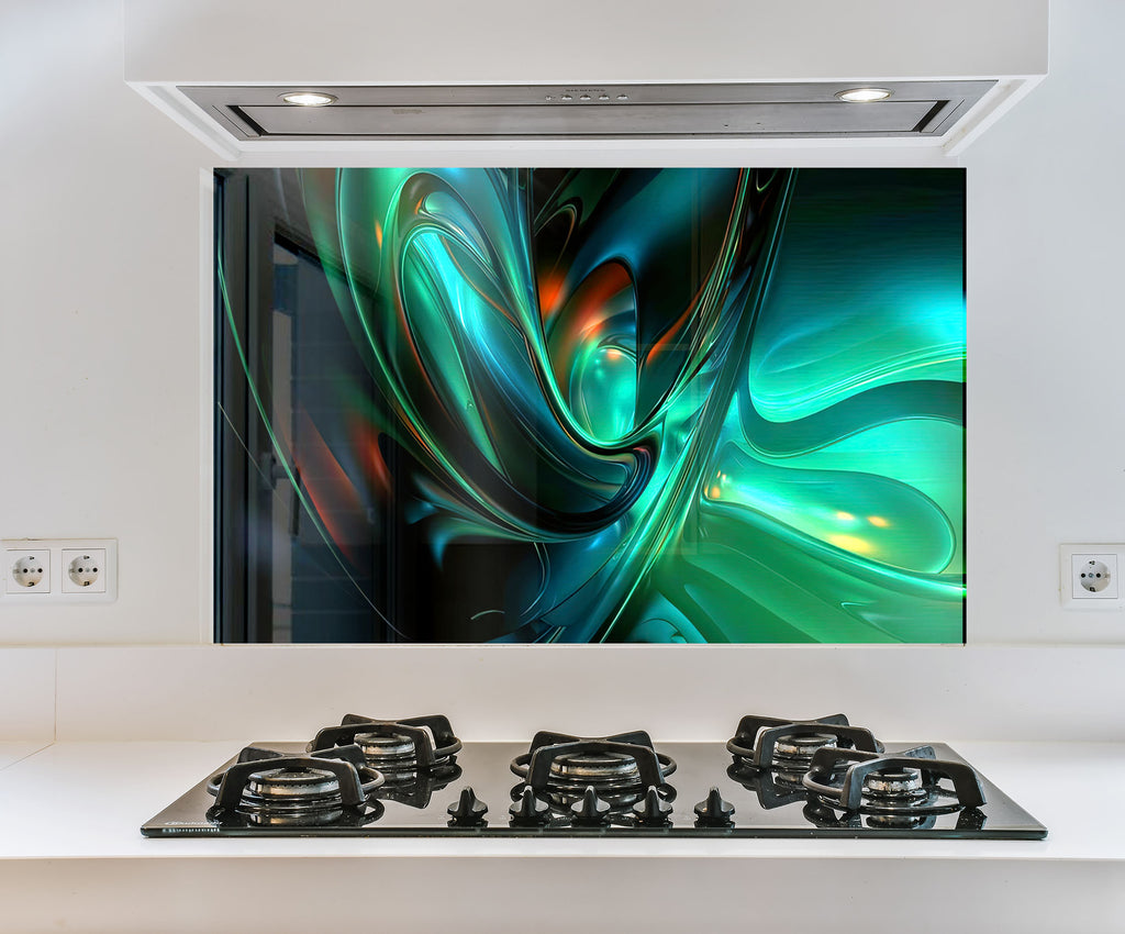 a picture of a green and blue design on a wall above a stove