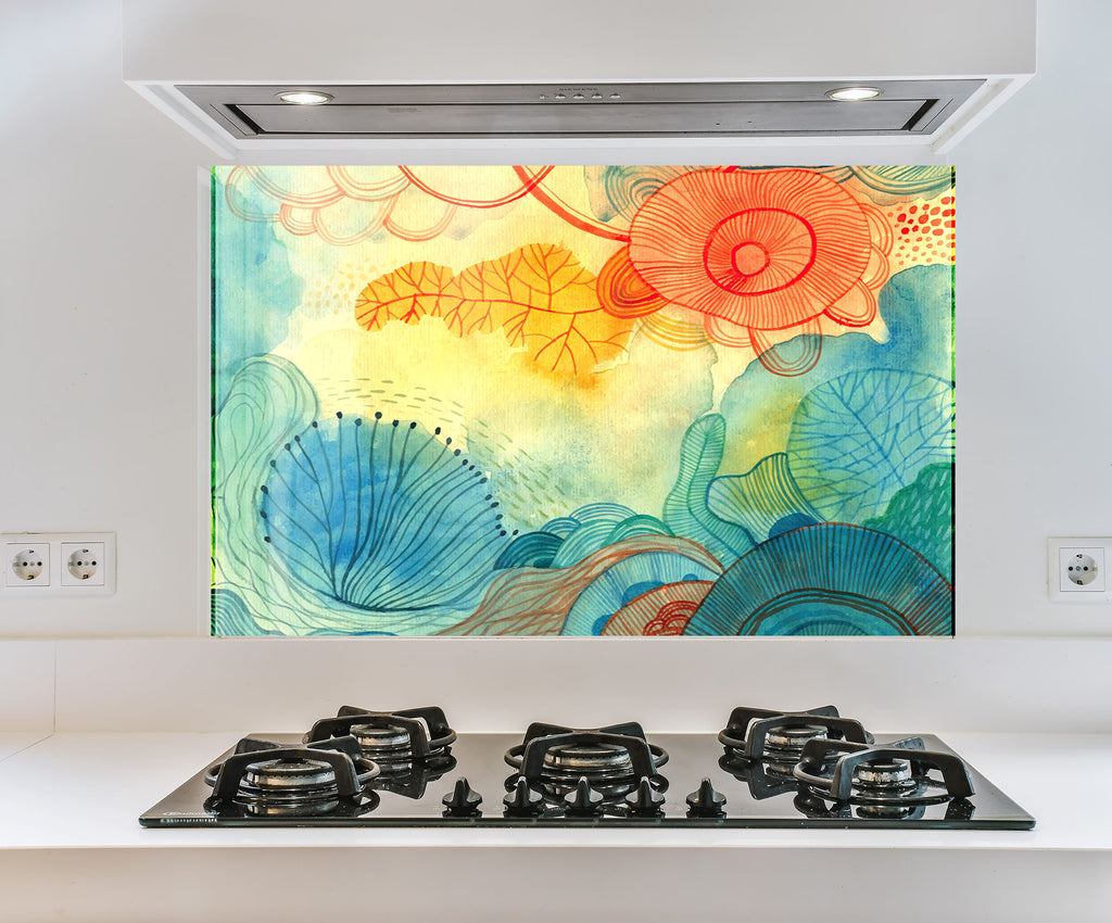 a painting on a wall above a stove top