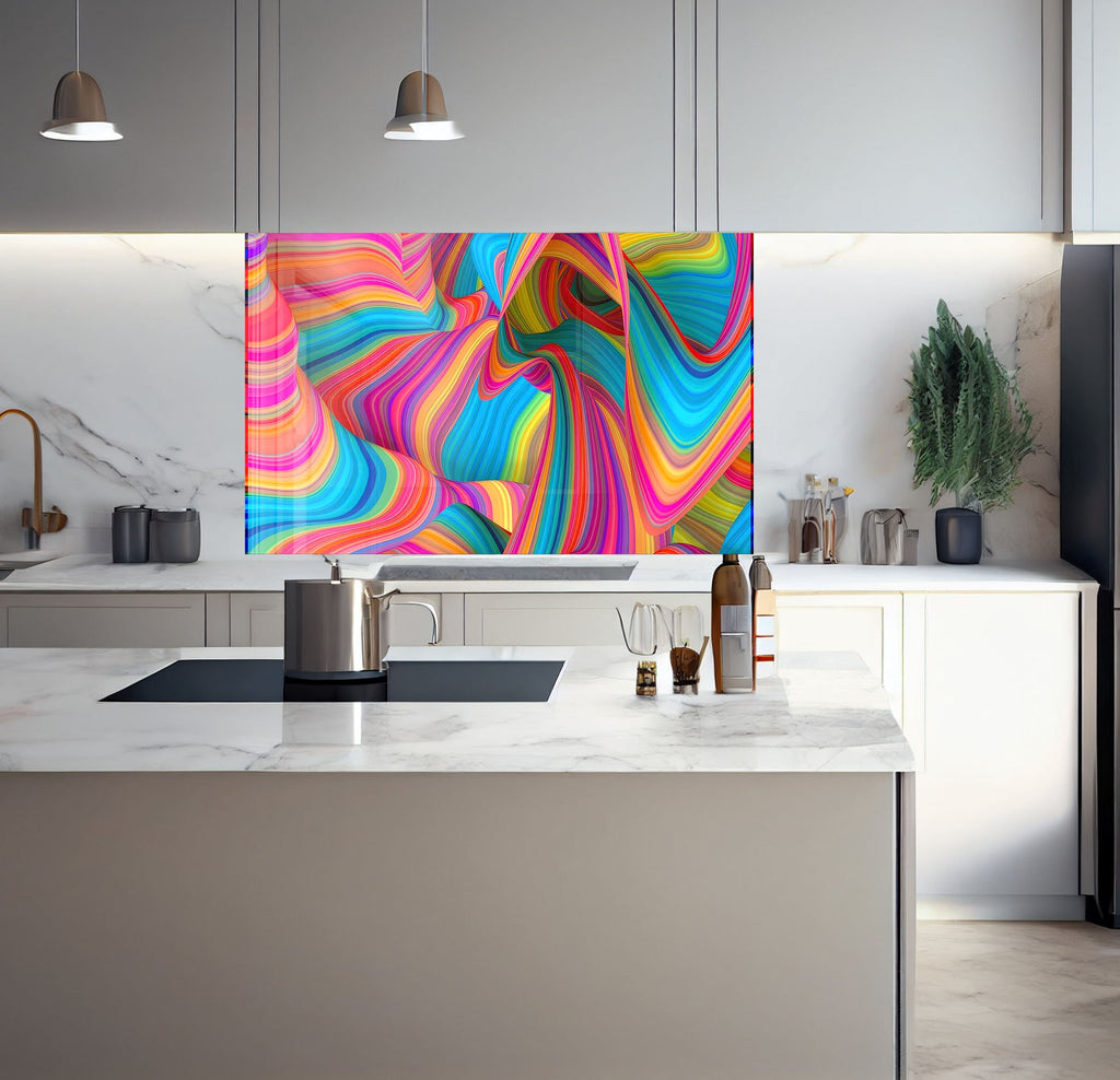 a kitchen with a marble counter top and a painting on the wall