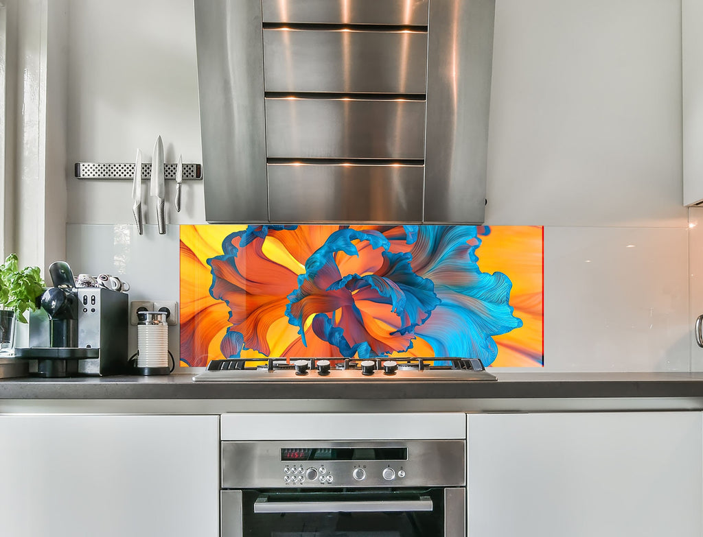 a kitchen with a painting on the wall above the stove