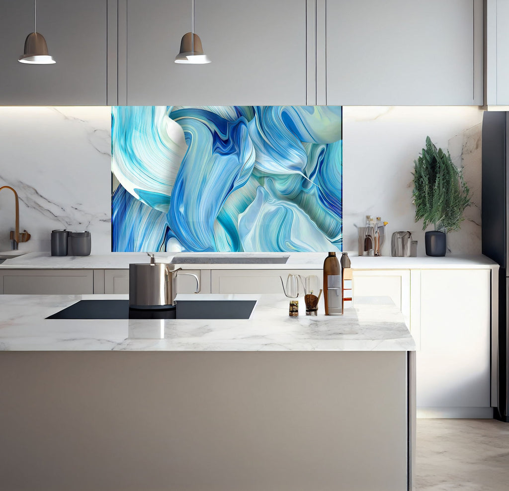 a kitchen with a marble counter top and a painting on the wall