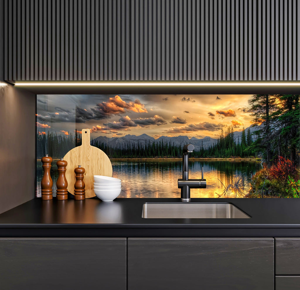 a kitchen with a sink and a painting on the wall