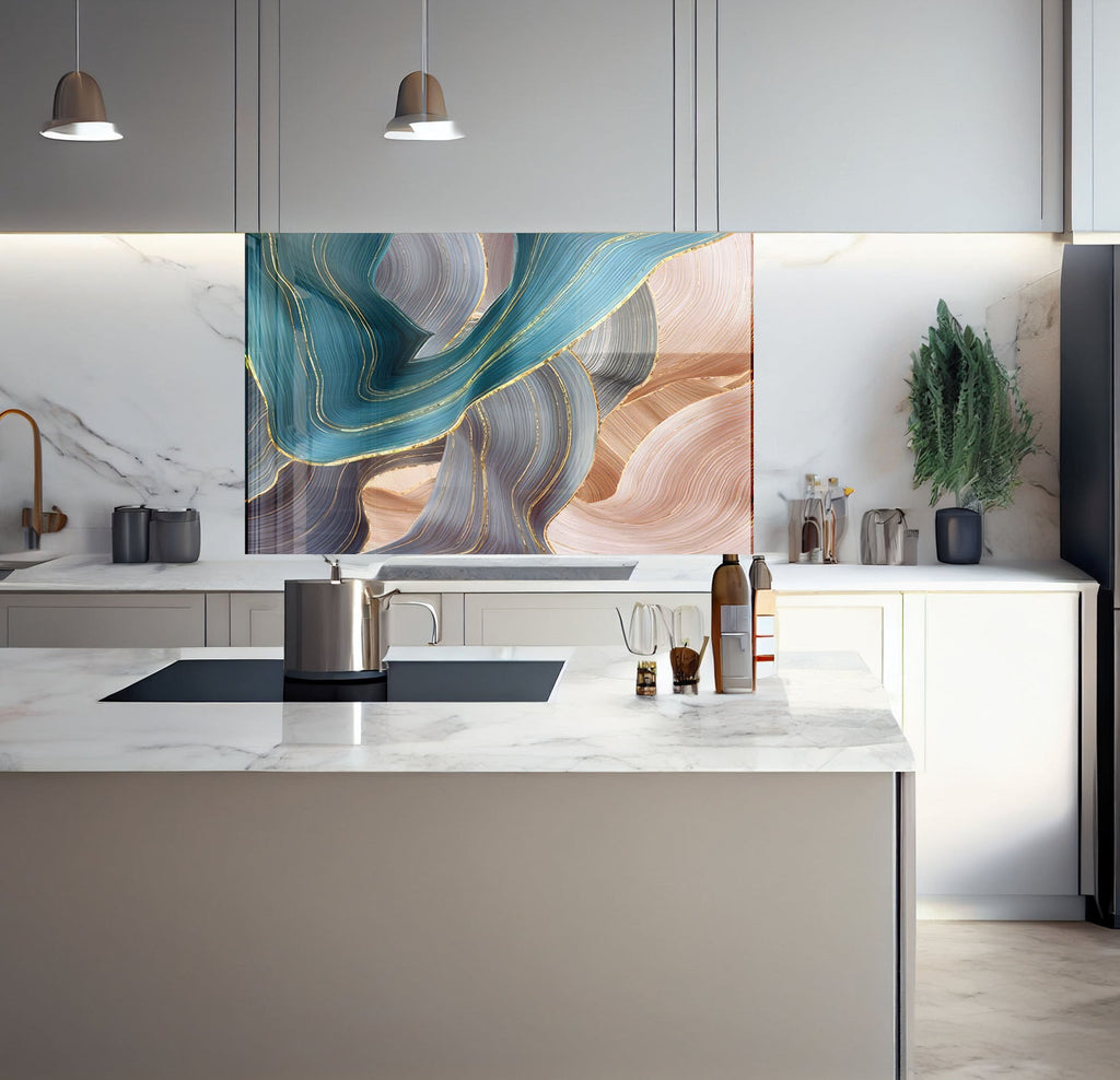 a kitchen with marble counter tops and a painting on the wall