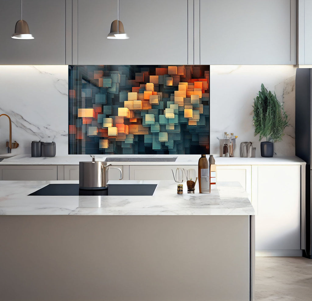 a kitchen with a marble counter top and a painting on the wall