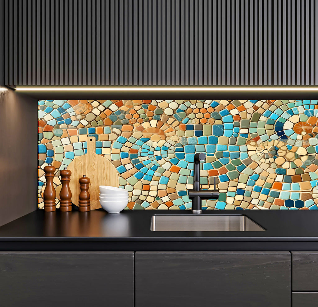 a kitchen with a sink and a mosaic tile backsplash