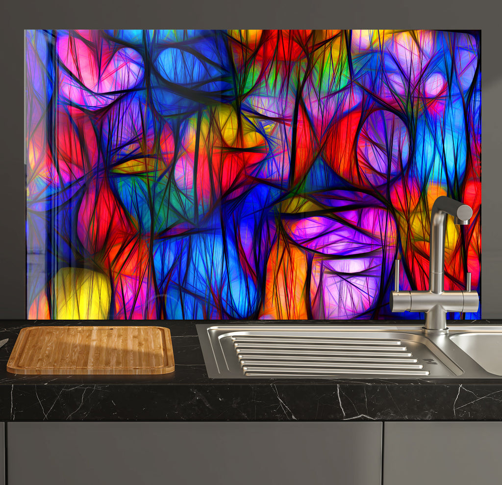 a kitchen counter with a sink and a painting on the wall