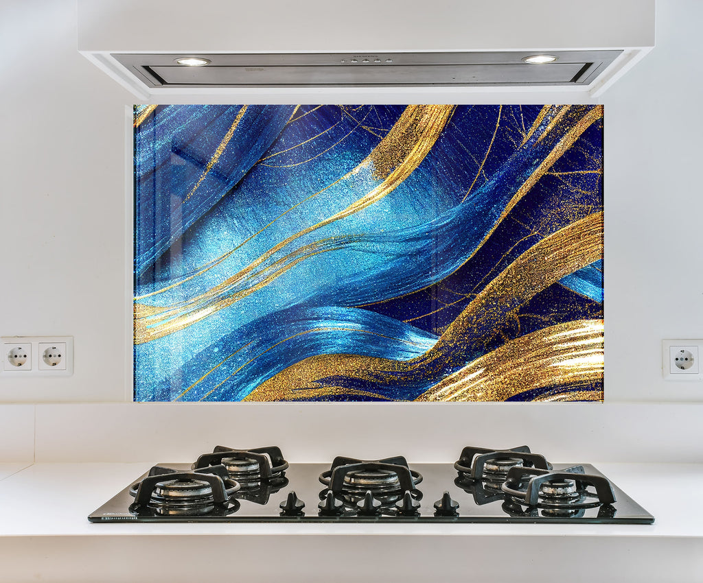 a picture of a blue and gold painting on a wall above a stove