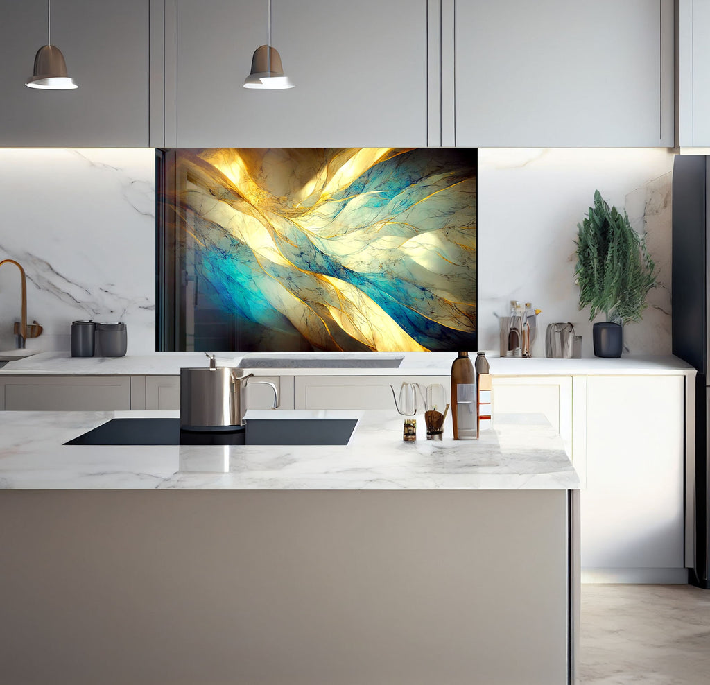 a kitchen with a marble counter top and a painting on the wall