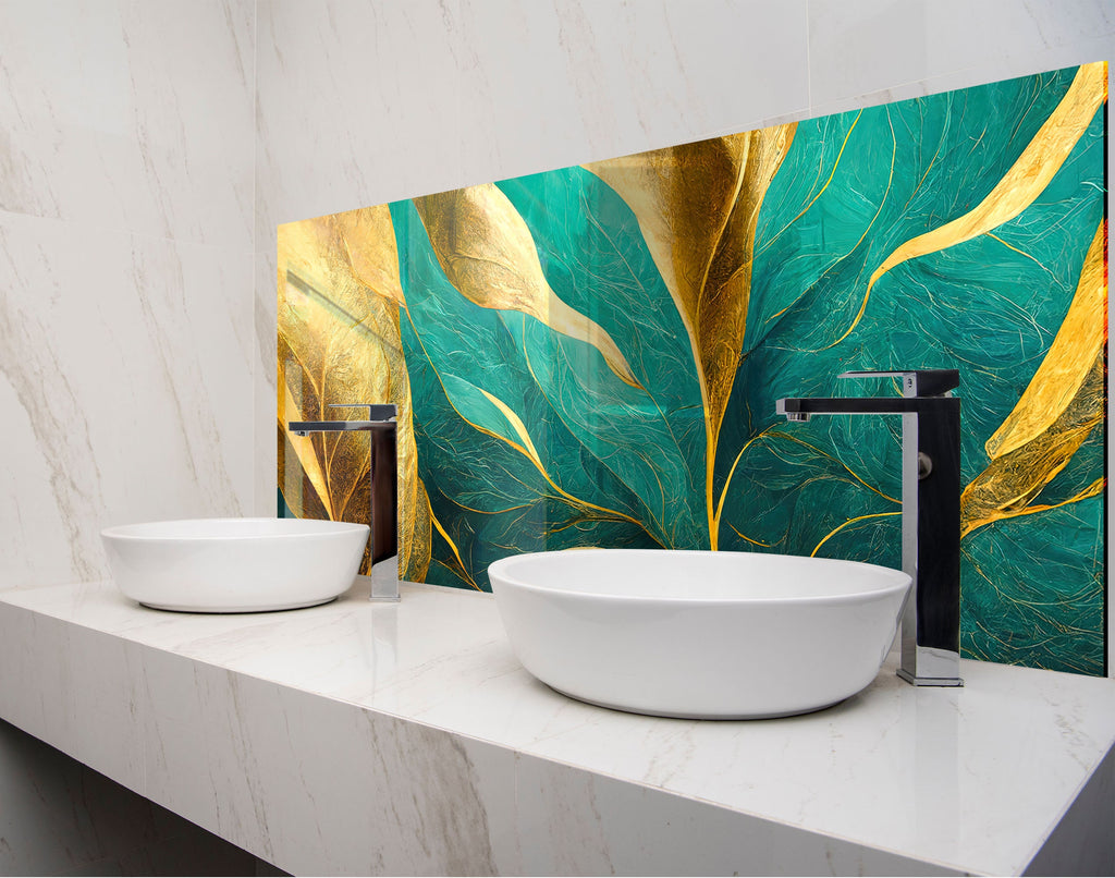 a bathroom with two sinks and a painting on the wall