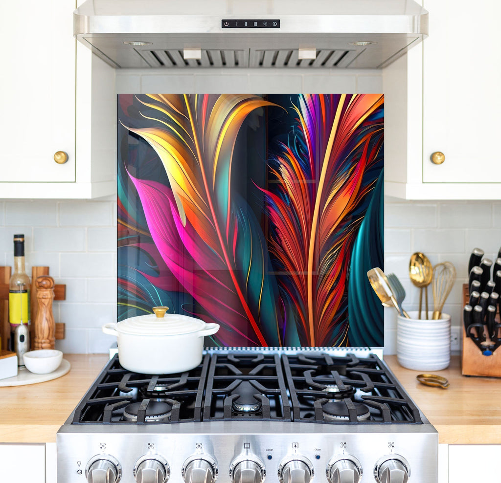 a kitchen stove with a colorful painting on the back of it