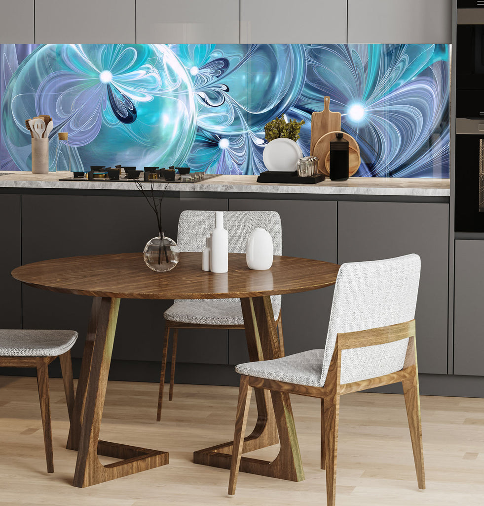 a kitchen with a wooden table and white chairs