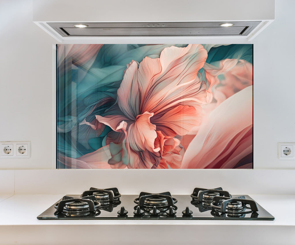 a picture of a flower on a wall above a stove