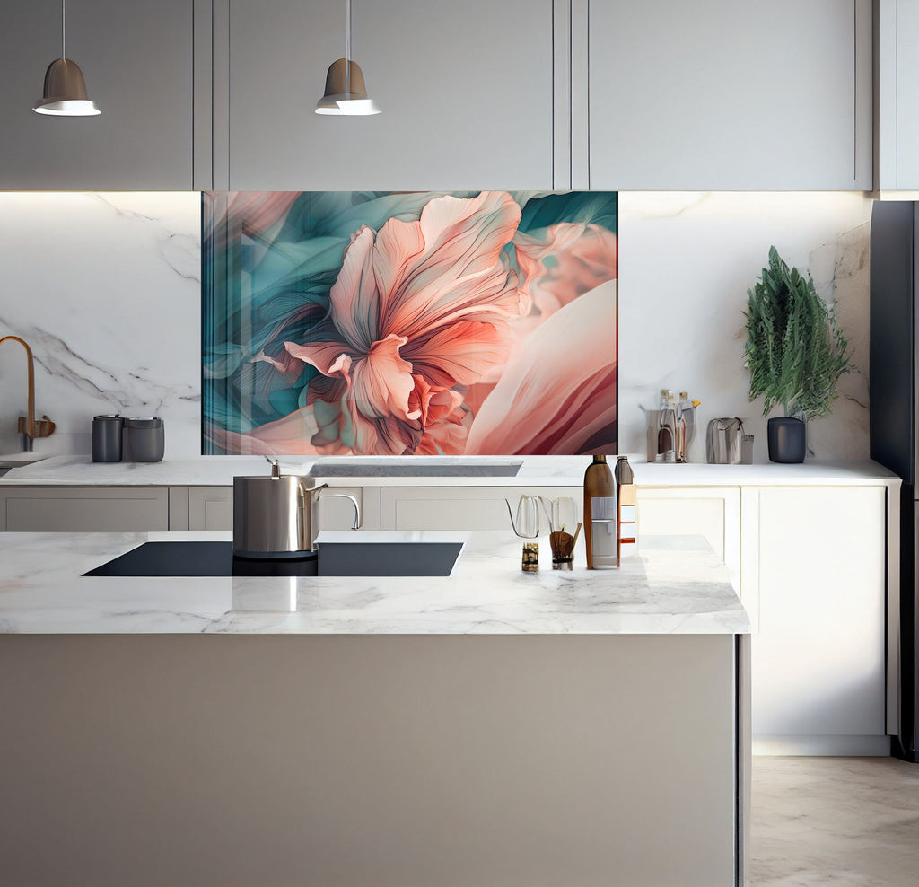 a kitchen with a marble counter top and a painting on the wall