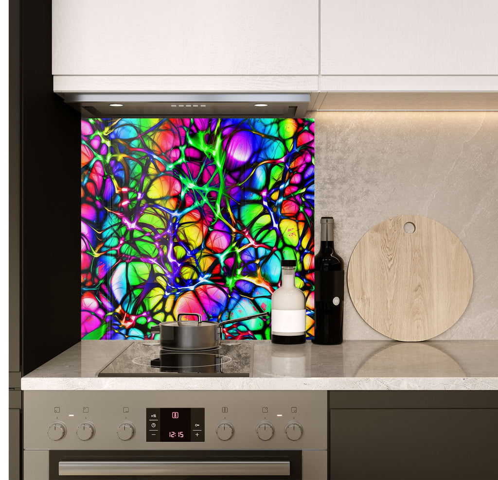 a kitchen with a stove top oven next to a cutting board