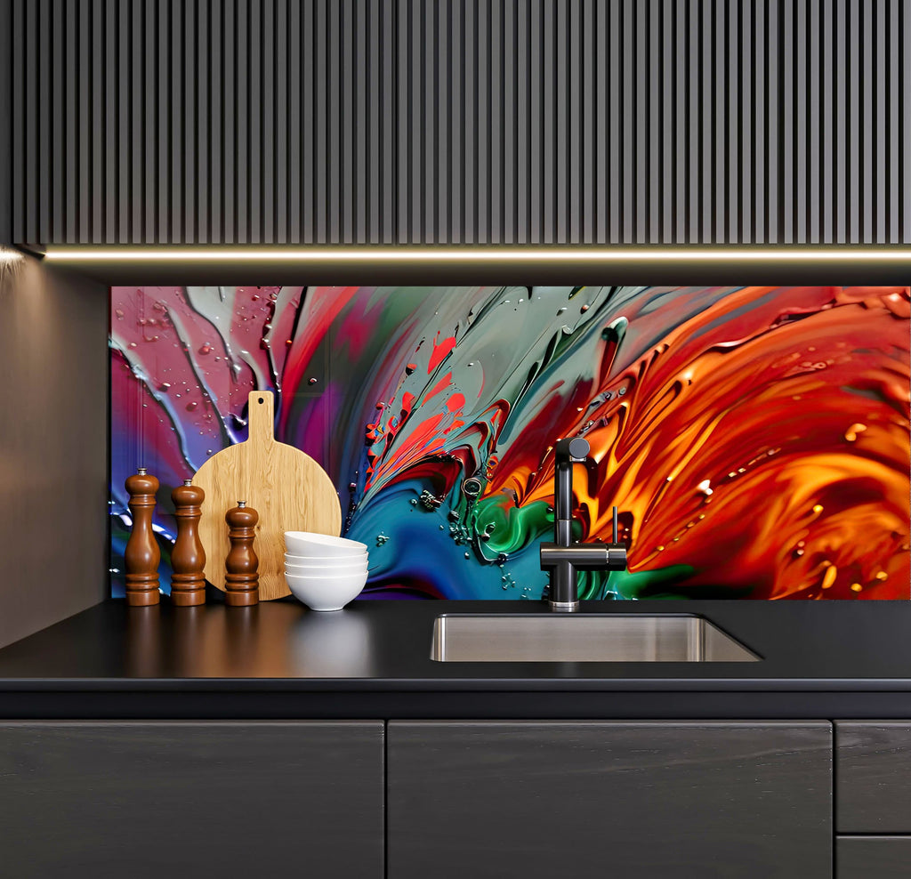 a kitchen counter with a painting on it