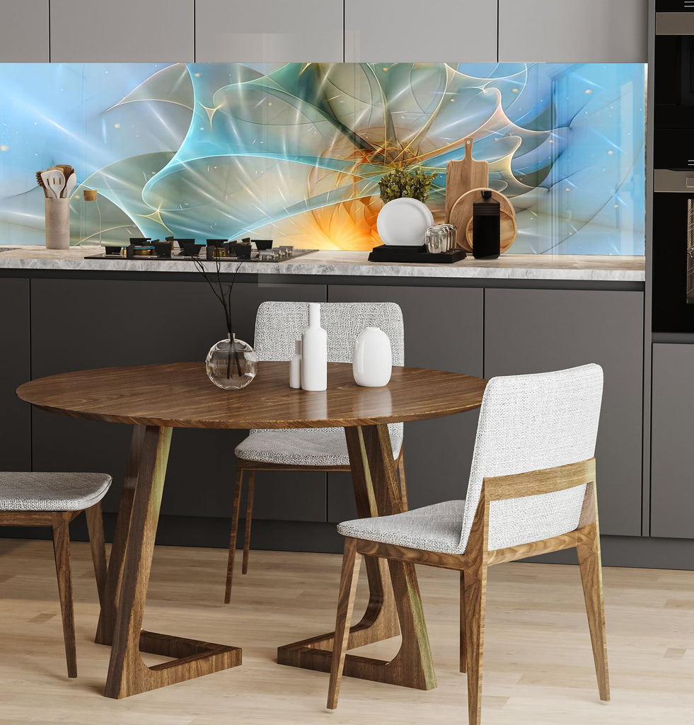 a kitchen with a wooden table and white chairs