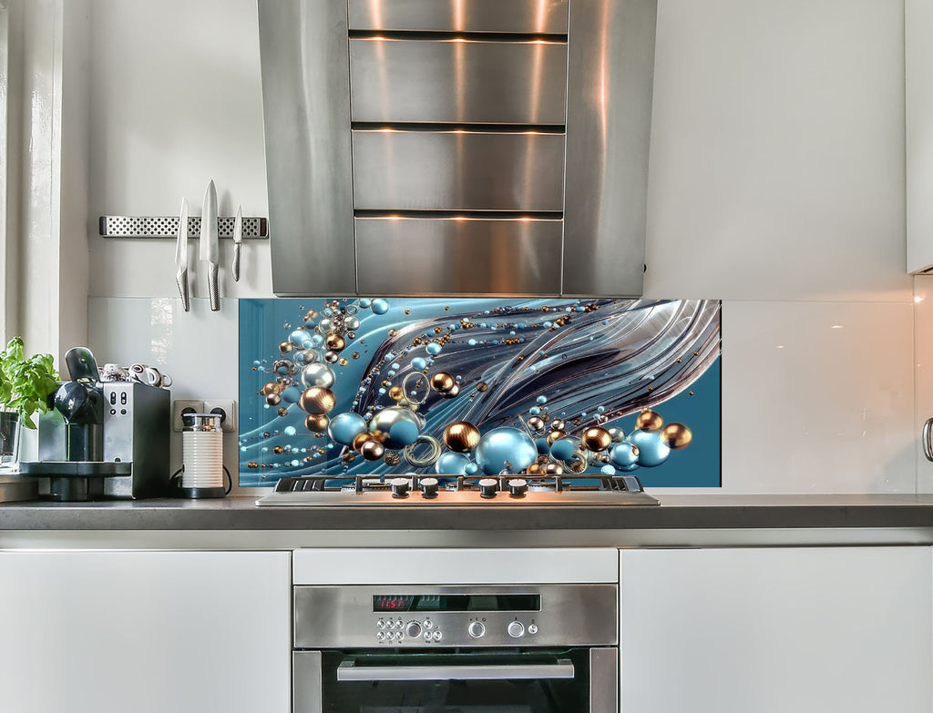 a kitchen with stainless steel appliances and a painting on the wall