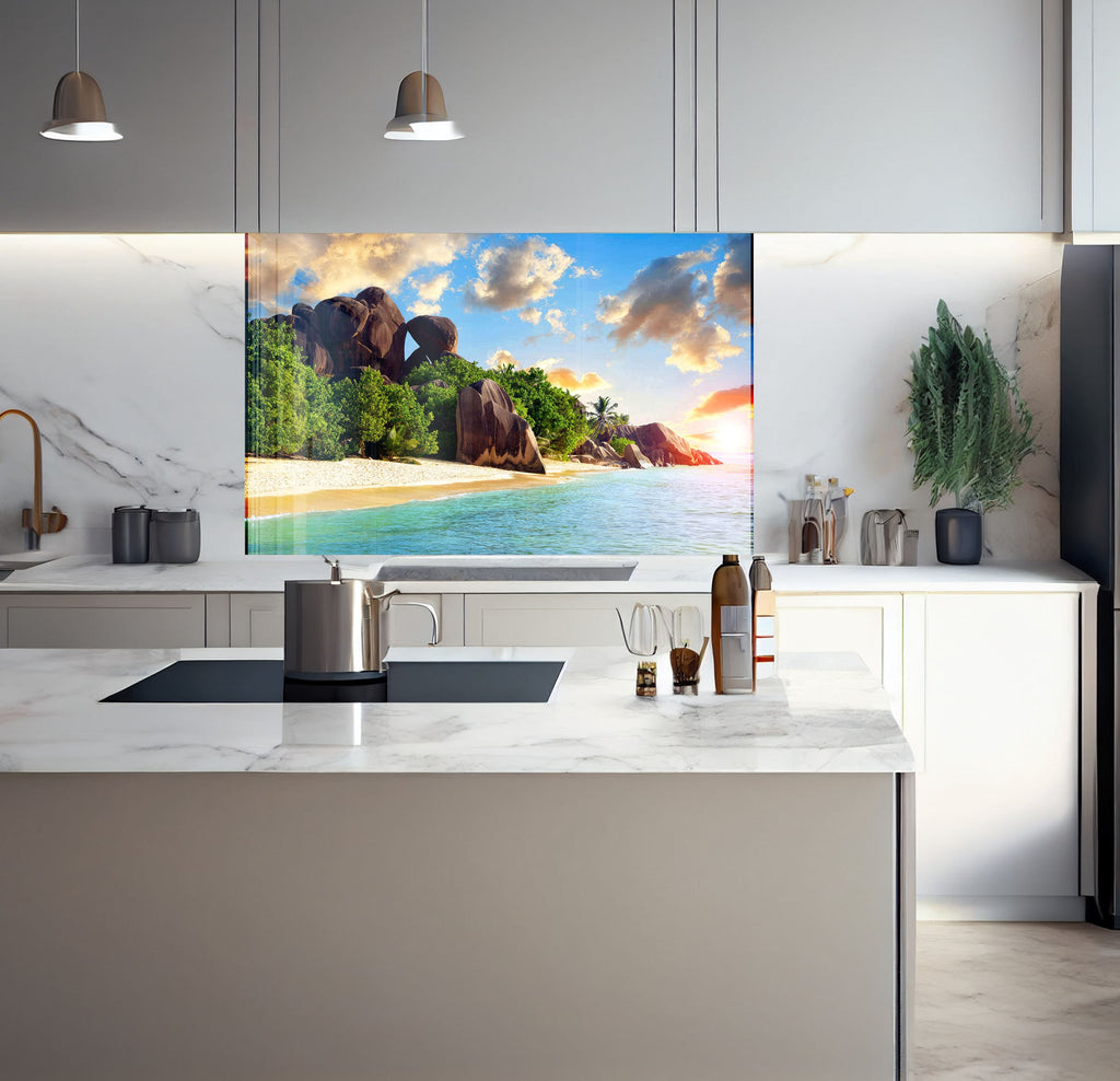 a kitchen with a large painting on the wall