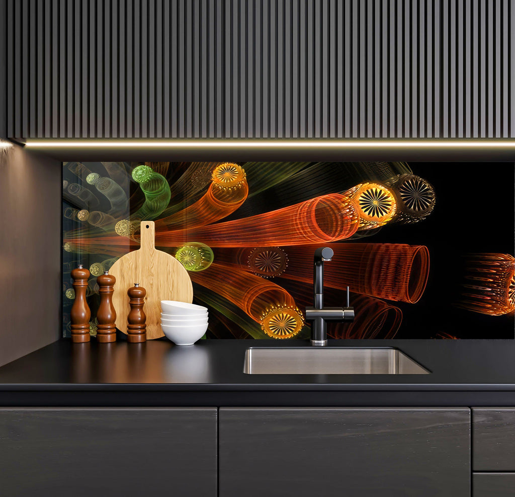 a kitchen counter with a sink and a cutting board