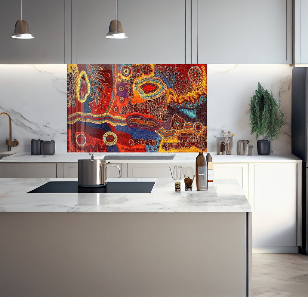 a kitchen with a large painting on the wall