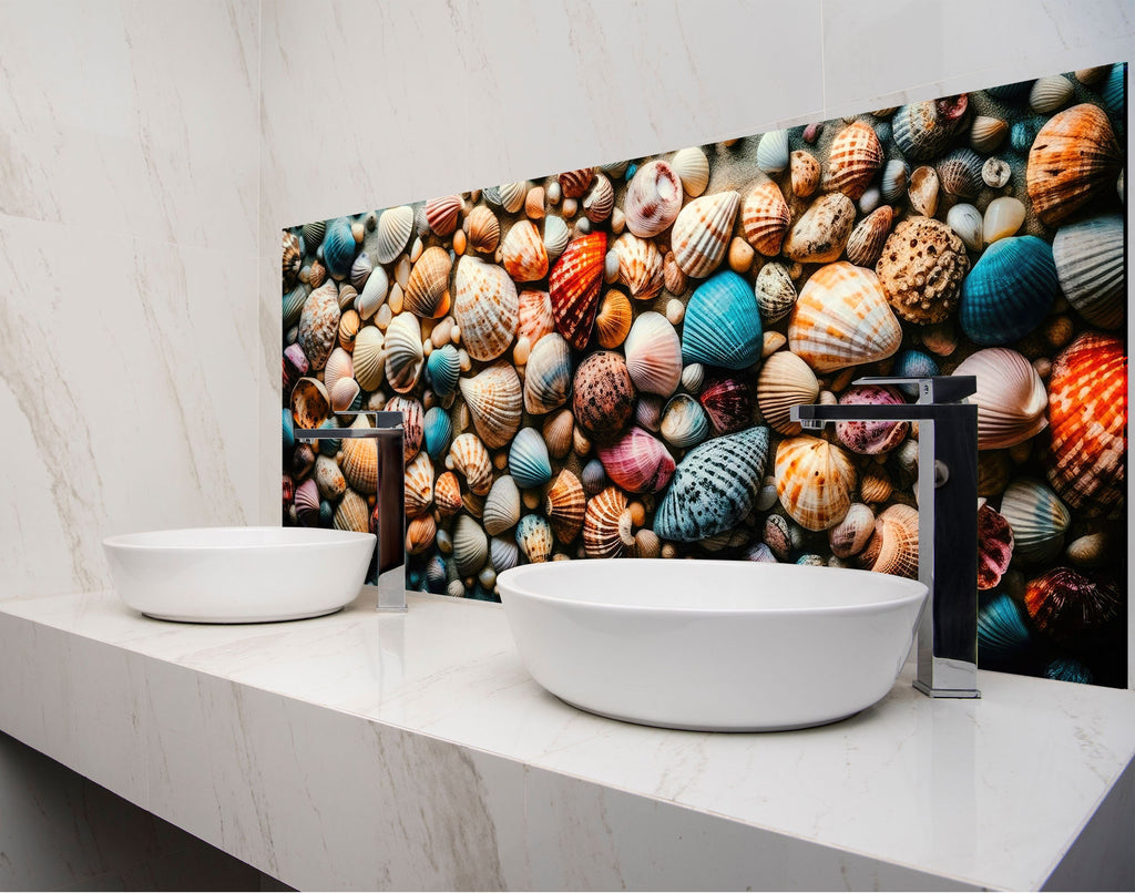 two bowls are sitting on a counter in front of a wall of seashells