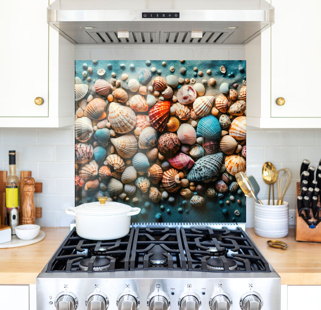 a stove top oven sitting under a painting on a wall