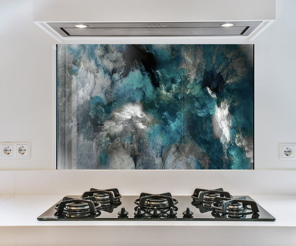 a picture of a painting on a wall above a stove