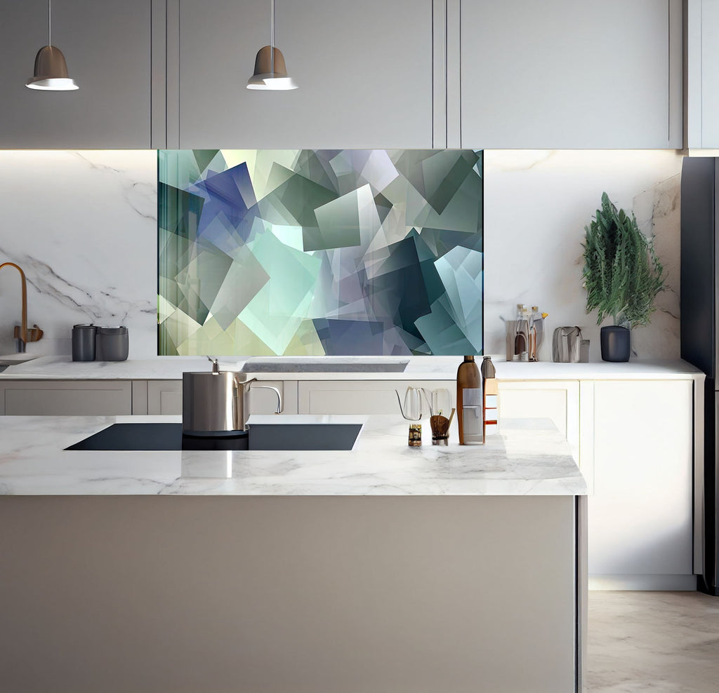 a kitchen with a marble counter top and a painting on the wall