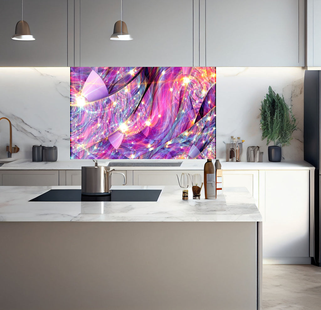 a kitchen with a marble counter top and a painting on the wall