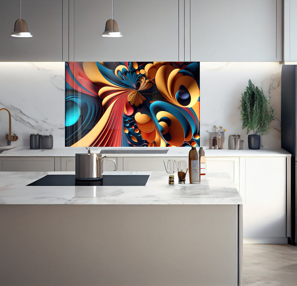 a kitchen with a large painting on the wall