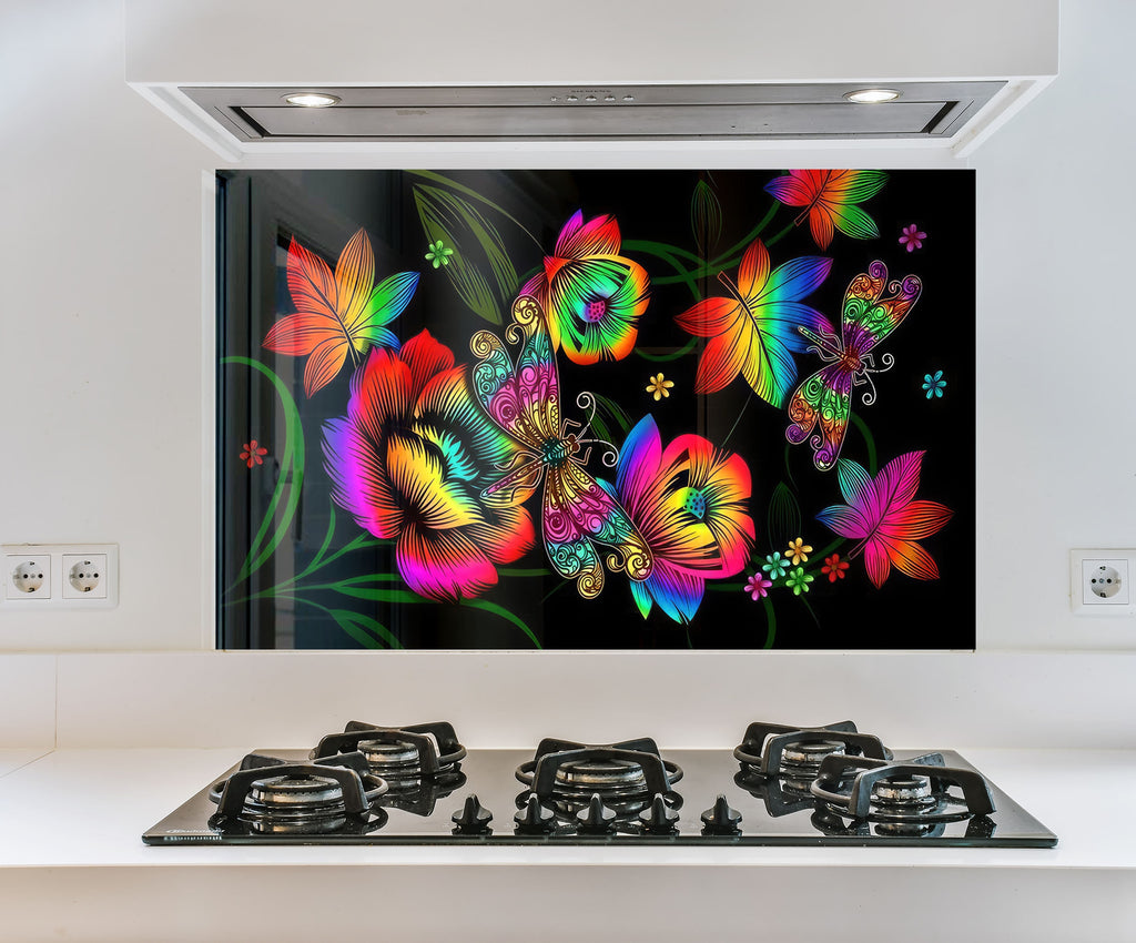 a colorful painting of butterflies on a black background