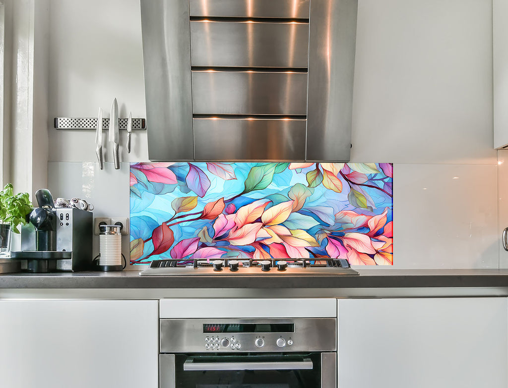 a kitchen with a stove top oven and a painting on the wall