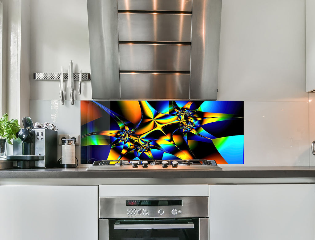 a kitchen with a stove top oven and a painting on the wall