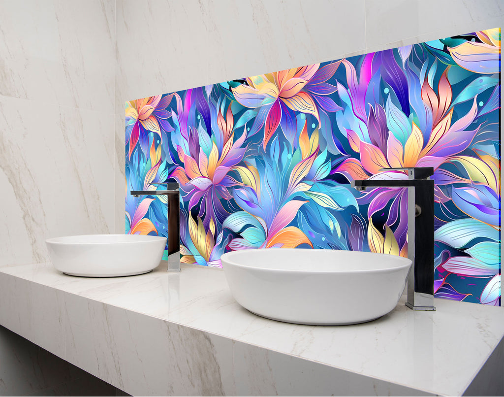 two white bowls on a counter in front of a colorful wall