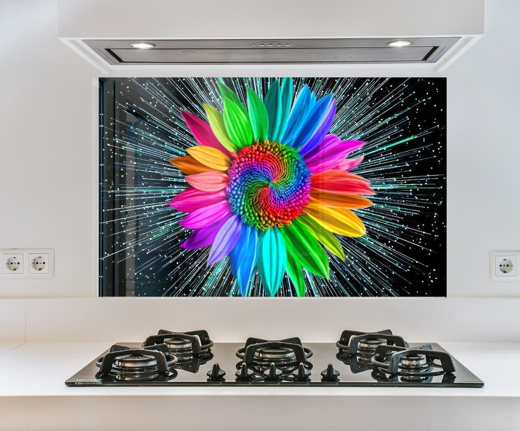 a picture of a colorful flower on a wall above a stove