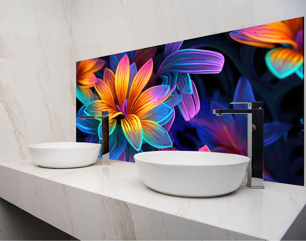 two bowls on a counter in front of a colorful flower wall mural