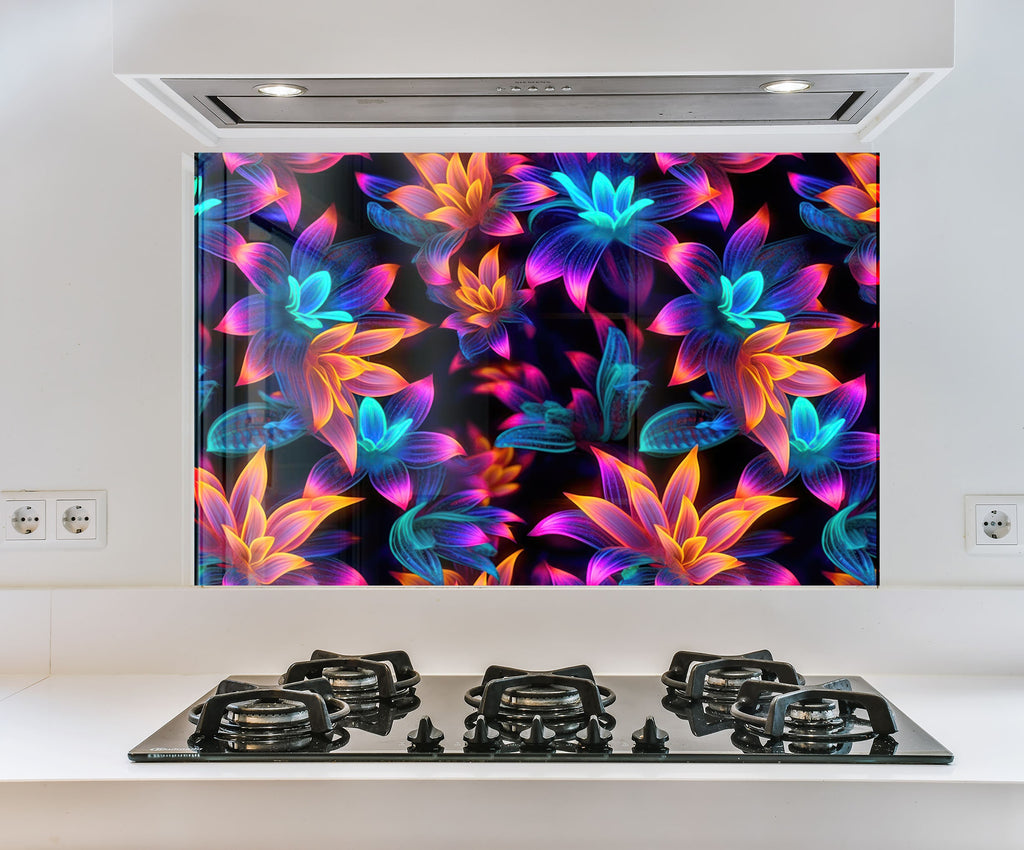 a picture of colorful flowers on a wall behind a stove