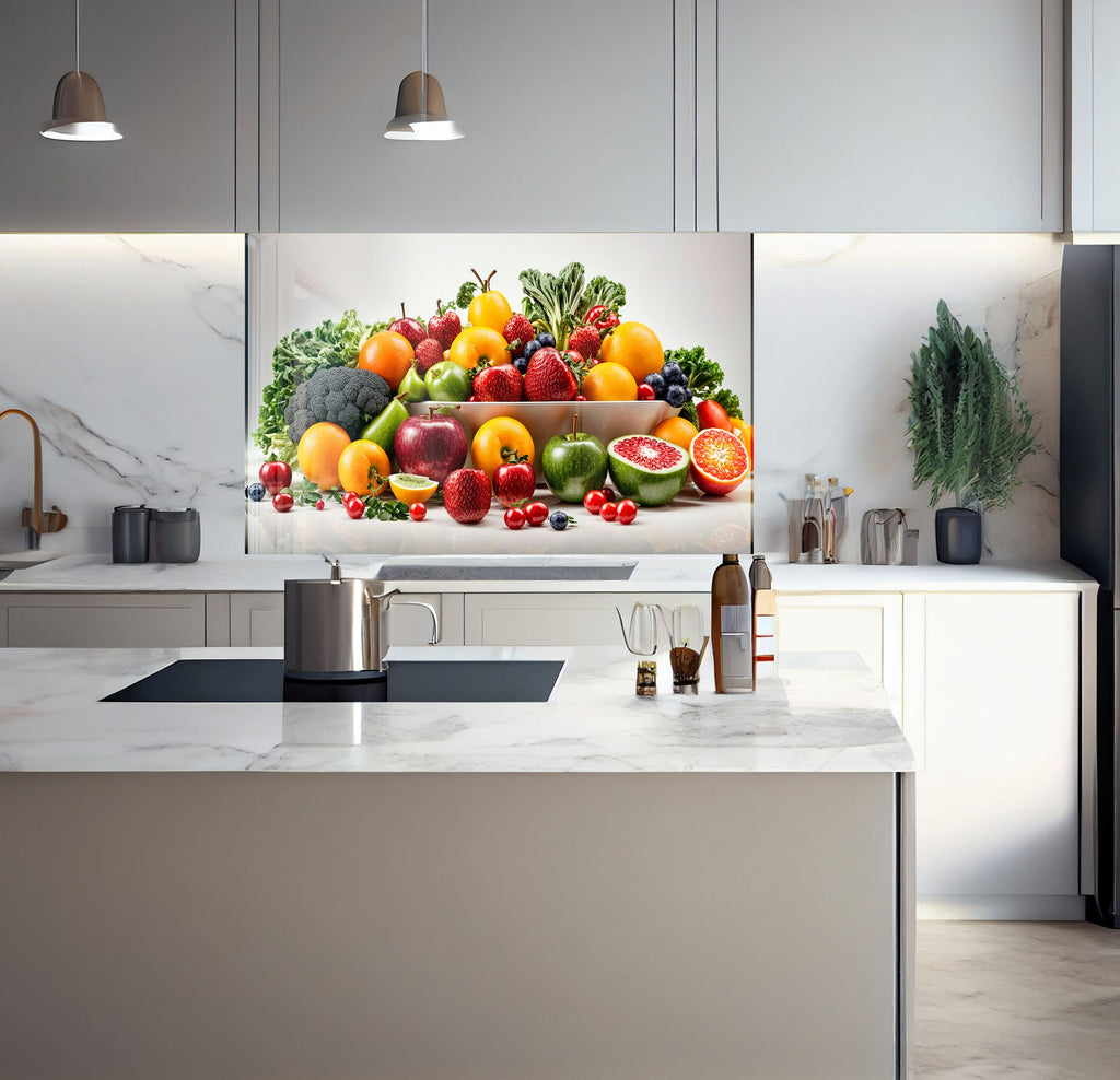 a picture of a bunch of fruit on a kitchen counter