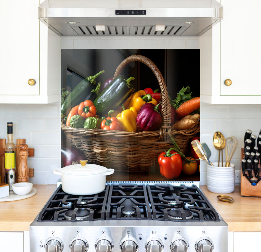 a painting of a basket of vegetables on a stove