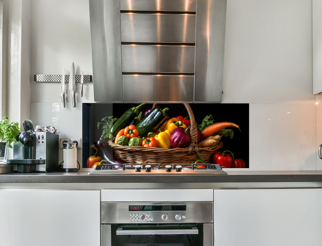 a kitchen with a basket of vegetables on the stove