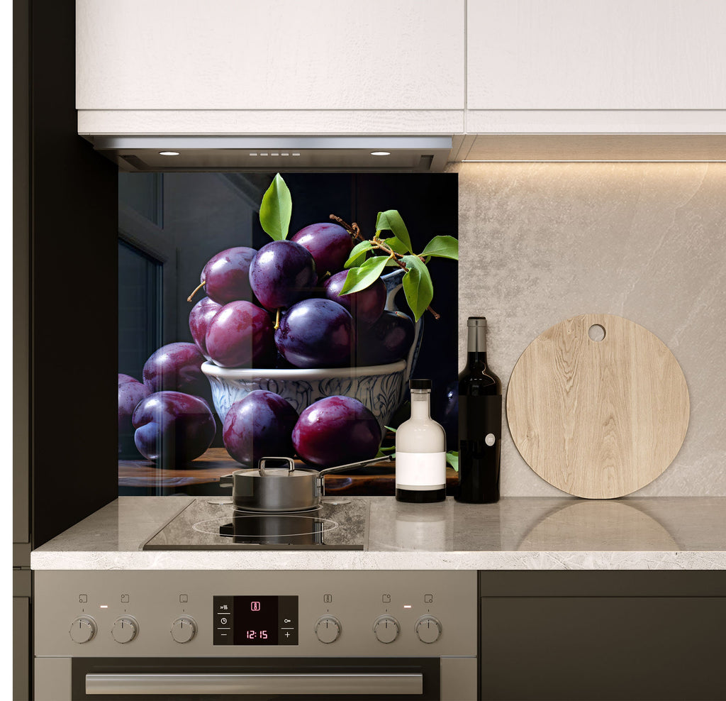 a bowl of plums and a bottle of wine on a kitchen counter