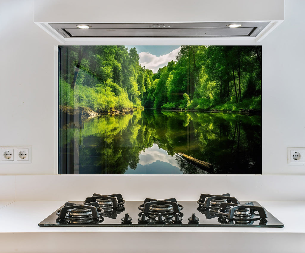 a picture of a forest reflecting in the water