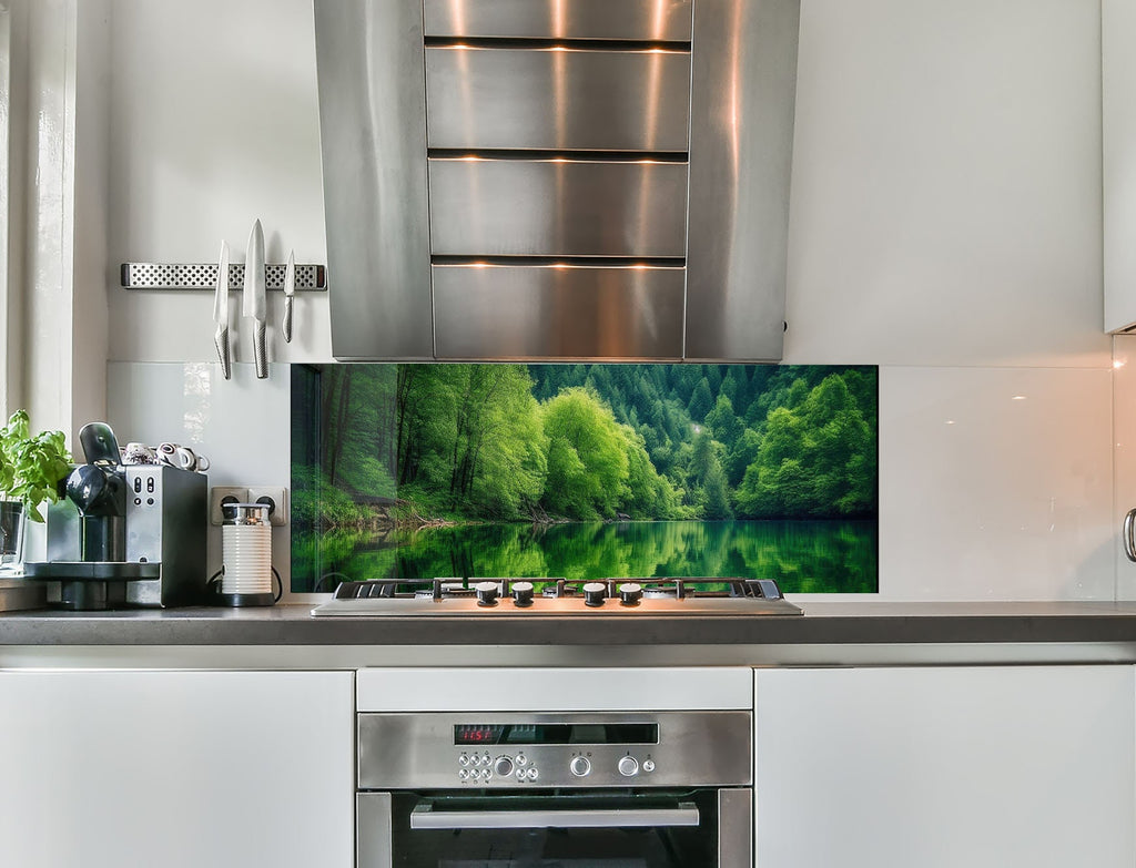 a kitchen with stainless steel appliances and a large picture on the wall