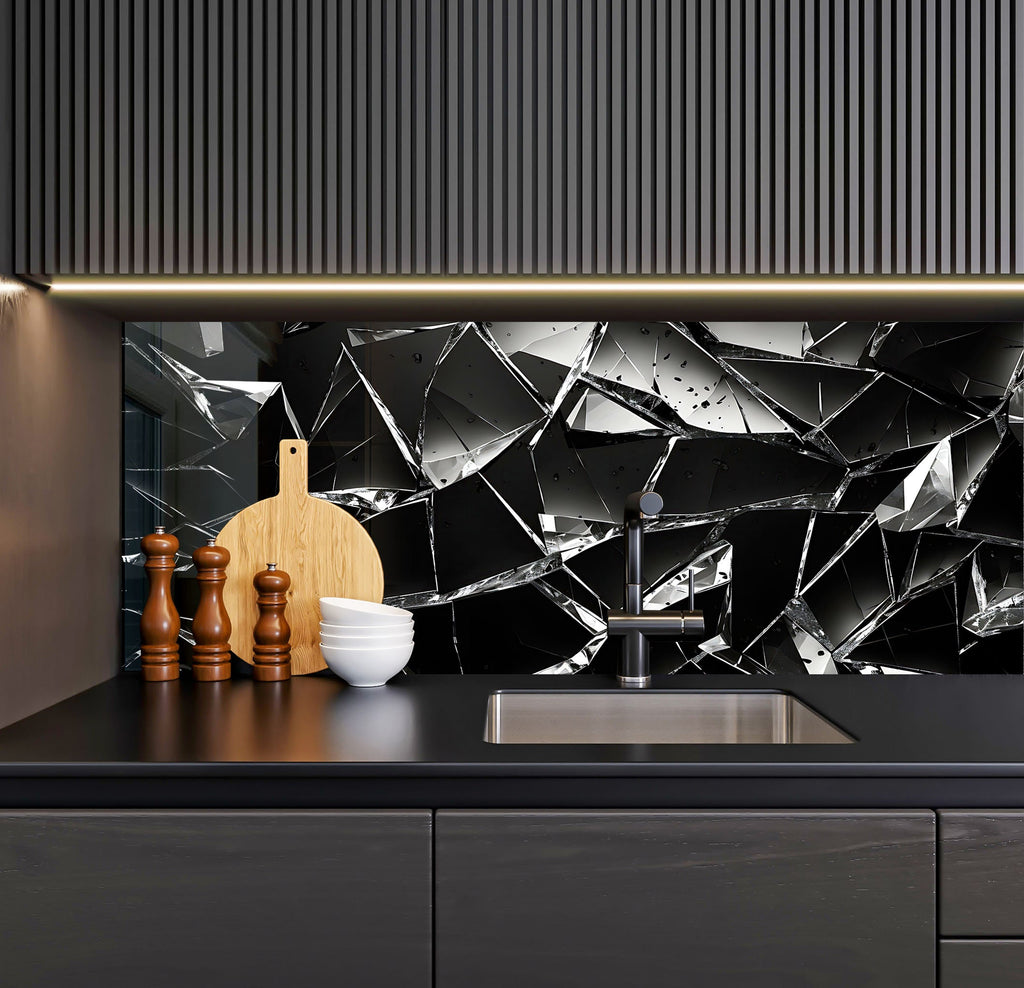 a kitchen with a black marble backsplash and a wooden cutting board